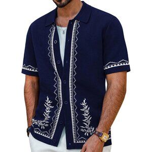 Men Navy Blue Embroidered Short Sleeve Button Up Casual Knit Shirt Stylish